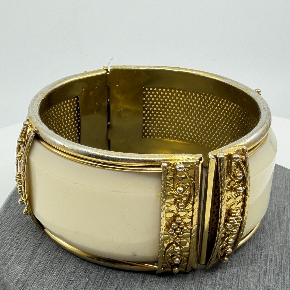 Ornate Hinged Bangle Bracelet Chunky Gold Tone Statement Boho Festival Y2K